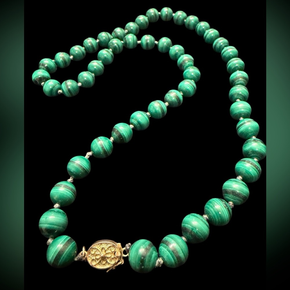 Vintage Malachite Necklace • traditional Hand Knotted silk• Silver gilt clasp